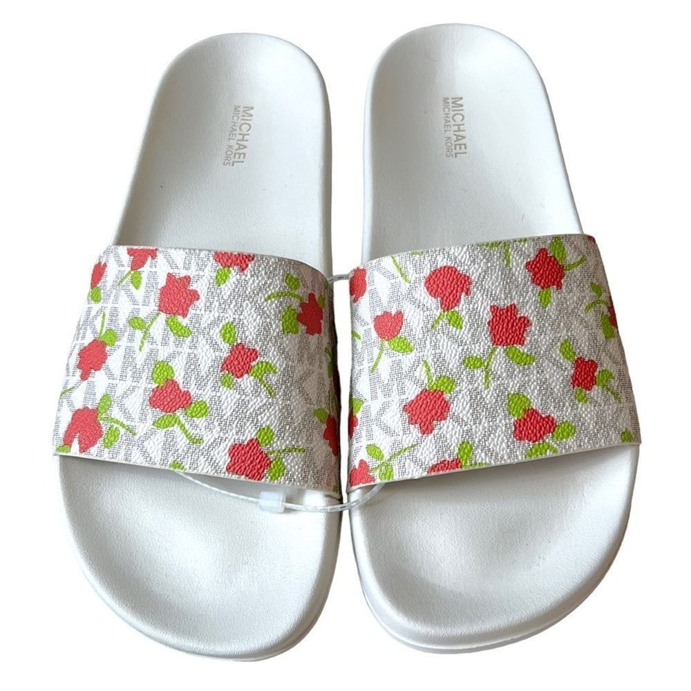 MICHAEL KORS Signature Vanilla Cream Floral Monogram Logo Slip On Slides - Picture 10 of 10